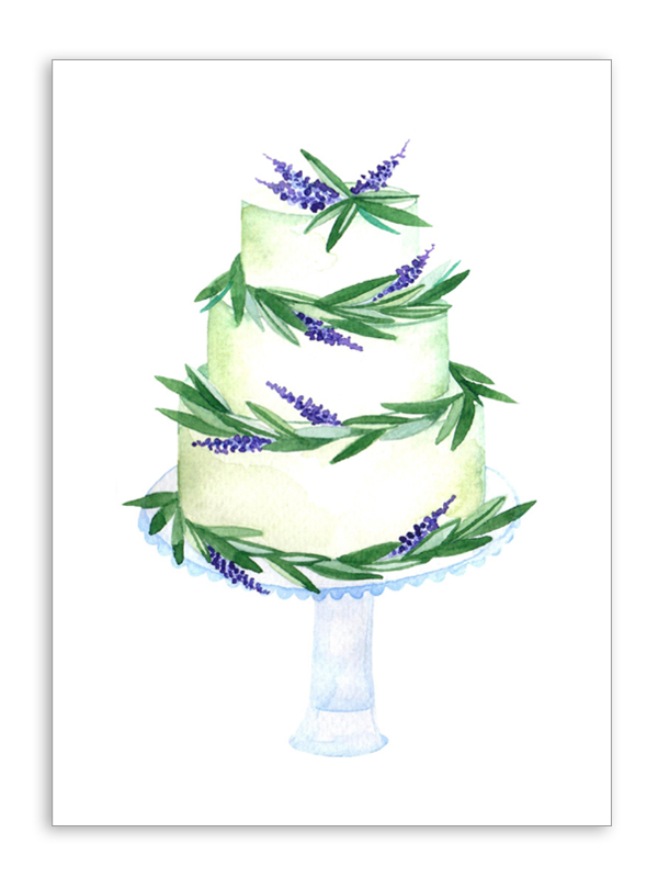 Purple flowers around white 3 tier cake